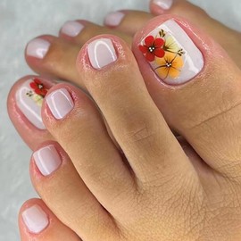 Press on Toenails Coffin with Flower Designs, Full Cover Reusable False Toenails with Adhesive Tab, Artificial Acrylic Fake Nails for Toe, Glue on Toenails with Charm, Stick on Toe Nails for Women