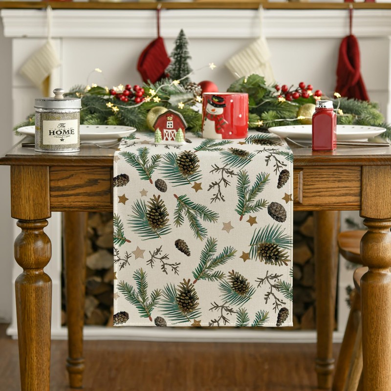 Artoid Mode Stars Leavses Pine Cone Christmas Table Runner, Seasonal