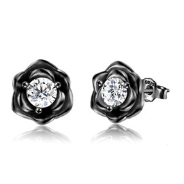 Black Rose Flower Stud Earrings for Sterling Silver with Gold Plated Hypoallergenic Jewelry Cubic Zirconia Studs Earring, Birthday Gifts for Women