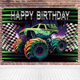 LDWLYW 7x5ft Truck Birthday Party Backdrop Banner Race Car Flag Theme Photography Background Green Truck Happy Birthday Decorations Supplies Fabric Party Decor for Boys Kids