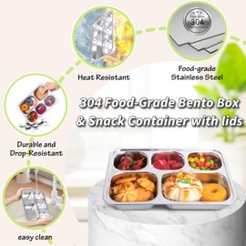 Stainless Steel Snack Containers with Lids - 3 Pack - Lunchable Container 5 Compartment for Adults & Kids - Meal Prep Containers Reusable - Bento Box Lunch Container