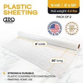 Plastic Sheeting 4 mil, 8' x 50' (400 sq.ft.), Pack of 2 - Thick Semi-Clear Plastic Sheeting for Construction, Painting, Drop Cloth, Slide&Slip - Heavy Duty LDPE Film Roll by IDL Packaging