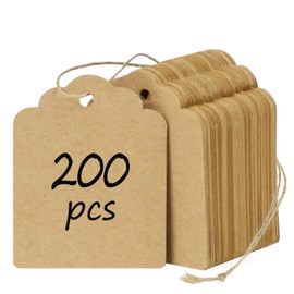 Uniclife 200 Pcs Price Tag with String Attached Writable Brown Kraft Paper Tags with Jute Twine Hang Tag Price Display Labels for Clothing Jewelry Blank Merchandise Marking Tags, 1.76" x 1.38"