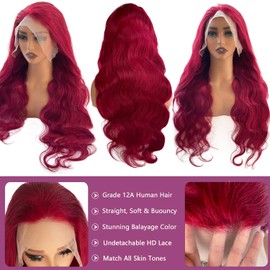 Ubetta 99j Burgundy Lace Front Wigs Human Hair Body Wave 13x6 Lace Front Wigs Human Hair, 26 Inch Glueless Wig Human Hair Pre Plucked Red 99j Burgundy Lace Frontal Wigs for Black Women 180% Denstiy