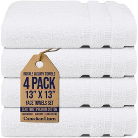 Canadian Linen Royale Luxury Large Washcloths, 13”x13” 4 Pack, Super Soft Premium Zero Twist Cotton Cloth Lightweight Quick Dry Absorbent Oversized Bathroom Face Towel, Hotel Hair Spa Gym, White