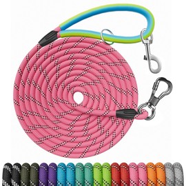 NTR Dog Long Leash, 100FT Recall Training Rope Lead, with 2 Swivel Hooks, Reflective Threads and Soft Rubber Handle, Puppy Leash for Walking, Hunting, Camping for Small Medium Large Dogs-Pink