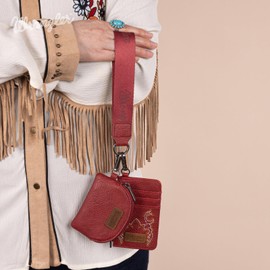 Montana West Wrangler KeyChain Wristlet Wallets for Women Western Dual Pouch Wristlet Embroidered Boot Scroll Card Holder Wallet With Zipper