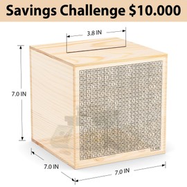 HCHANGEN 10000 Wooden Savings Challenge Box for Adults Kids, Wood Coin Piggy Bnak, Must Break to Open Money Box with Counter (Natural, 7inches)