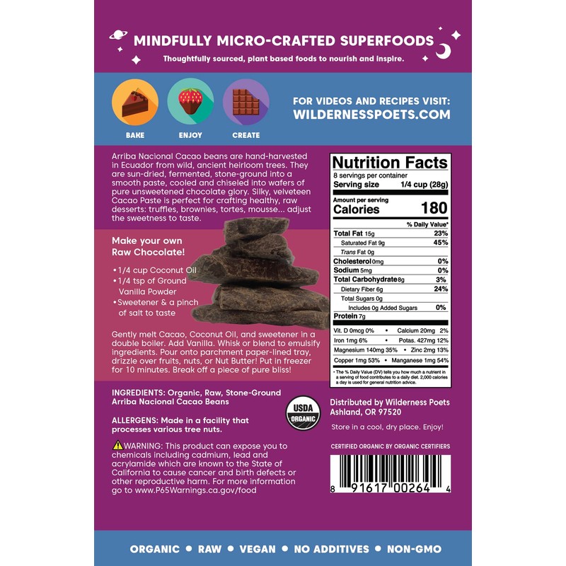Wilderness Poets Organic Cacao Paste - Made from Stone Ground,