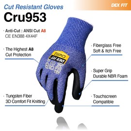 DEX FIT A8 Cut Resistant Gloves Cru953; Fiberglass Free, 3D-Comfort Fit and Grip, Thin, Durable, Touchscreen, Tungsten (Steel Blue, Medium (1 Pair))