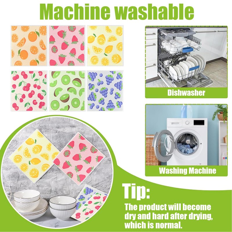 Swedish Dish Cloths 6 Pack, Reusable, Sponge Cloth Kitchen Towels,