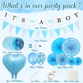 Baby Shower Decoration Boy - Pack of 45 Blue Baby Shower Decoration with Its A Boy Garland Banner Bunting Balloons Paper Fan Pompoms and Confetti, Welcome Baby Boy Gender Reveal Party Decoration