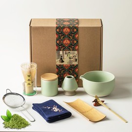 Necomi 9 Pcs Matcha Whisk Set - Matcha Tea Set, Match Bowl with Spout, Whisk, Matcha Container，Bamboo Scoop, Whisk Holder, Tea Cloth, Matcha Whisk Set Matcha Green Tea Making Kit（Light Green