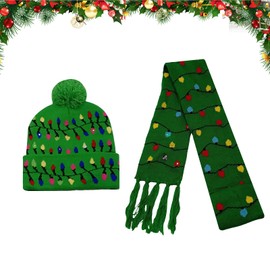 2 Pcs Christmas LED Light Up Hat Scarf Set Christmas Beanie Knit Hat LED Scarf Christmas Hat and Scarf with Light Unisex LED Christmas Knitted Hat Scarf for Kids Winter Xmas Birthday Gifts