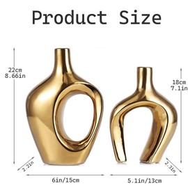 XIYOUQI Gold Vase for Decor, Gold Ceramic Vases Set of 2, Gold Round Vase for Flowers or Pampas Grass, Gold Vases for Centerpieces, Gold Ceramic Vase for Modern Home Decor, Bookshelf, Mantel Decor