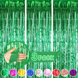 Green Curtains for Party Decorations, 3 Pack 3.2ft x 8.2ft Green Streamers, Birthday Decorations Football Party Decorations Jungle Party Decorations, Green Backdrop Photo Booth Props Party Supplies