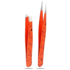 Precise Canada Tweezers Set - Stainless Steel Slant Tip and Pointed Eyebrow Tweezer Set - Great Precision for Facial Hair, Ingrown Hair, Splinter, Blackhead and Tick Remover (Orange & Black)