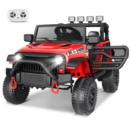 Hikole Ride on Car w/Remote Control, Kids Jeep, 12V Electric Vehicles for 1 Kid 2-5, Multi-Function Dashboard,4 Treaded Wheels, LED Lights, Battery Operated Car, Multi-Terrain Traction, Hot Red