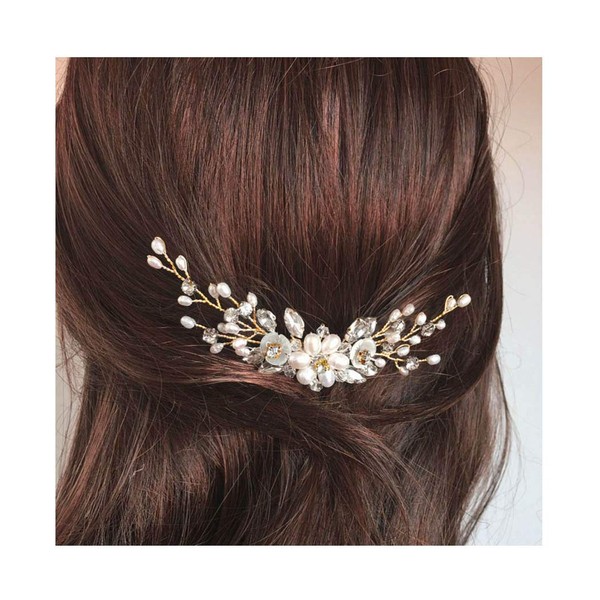 Campsis Bridal Wedding Hair Comb Silver Sparkly Rhinestones Side Combs Crystals Pearls Flower Bride Hairpieces Gorgeous Hair Accessories for Women and Girls (Gold)