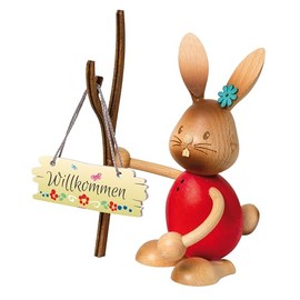 Drechslerei Kuhnert - Easter Decoration / Easter Bunny - Stupsi Rabbit with "Herzlich Willkommen" Sign - Made in Germany