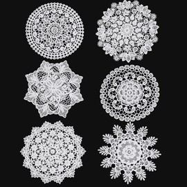 6PCS White Vintage Crochet Doilies, 6 to 7 Inch Vintage Crochet Doilies Round Lace Placemats Handmade Coasters, Rustic Table Decor for Kitchen Dining Wedding Party