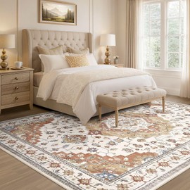 EIEIHOUSE Area Rugs for Living Room: Washable 10x14 Living Room Rug Large Soft Vintage Floral Farmhouse Indoor Retro Area Rugs for Bedroom Dining Room Home Office - Yellow/Brick Red/Beige