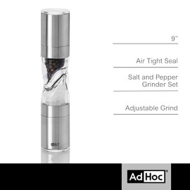 AdHoc Duomill Pure Salt and Pepper Combo Mill - Stainless Steel Salt & Pepper Mill - Handy Salt & Pepper Grinder - Stainless Steel
