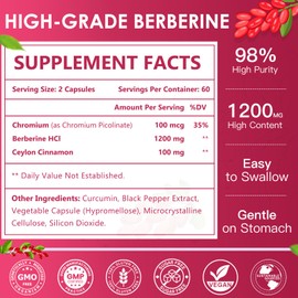 NATURE TARGET Berberine HCl 1200mg, Berberine Supplement with Ceylon Cinnamon, Chromium - Supports Immune, Gastrointestinal & Heart Health, Non-GMO, 120 Capsules
