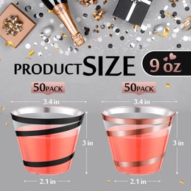 Gejoy 100 Pcs 9 oz Rimmed Swirl Plastic Cups Disposable Wine Cups Hard Plastic Drinking Cups Clear Cups Elegant Wedding Tumblers for Graduation Engagement Single Party Supplies(Rose Gold, Black)
