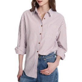 PEHMEA Women's Striped Button Down Shirts Long Sleeve Cotton Blouse with Pocket for Casual Office Daily(Brown-L)