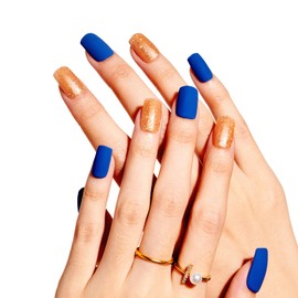 Wooyas Press on Nails Medium Square Handmade Press on Nails Matte Blue & Shimmery Gold Fake Nail Kit 12 Sizes 24 PCS with Glue on Nail