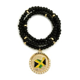 Iced Out Jamaica Flag Round Pendant 6mm 30" Wooden Bead Necklace (Gold/Black Wooden Bead)