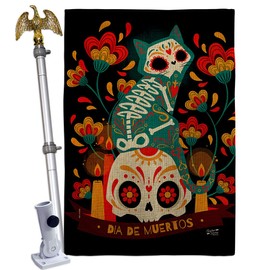 Suger Skull Gato Burlap House Flag - Eagle Set Falltime Day of Dead Dia De Los Muertos Fiesta Mexican Party Autumntime - Decoration Banner Small Garden Yard Gift Double-Sided Made In USA 28 X 40