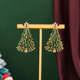 HESSAWELL Gold Christmas Tree Dangle Pendant Earrings for Women Sparkly Crystal Christmas Tree Drop Earrings for Jewelry Gift