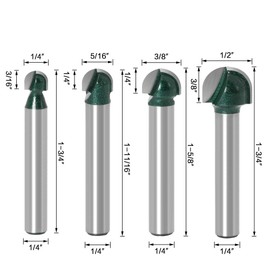Bestgle 4pcs 1/4" Shank Professional Round Nose Core Box Router Bits Woodworking Milling Cutter Tool 1/4" 5/16" 3/8" 1/2"