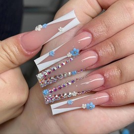 CAEEA Press on nails French rectangular false nails glossy sticky nails luxury flower rhinestones square round artificial nails bow-pasted false nails acrylic nail band Design 24pcs05