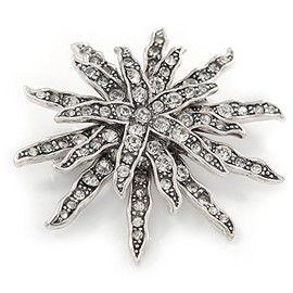 Vintage Inspired Austrian Crystal Star Brooch In Antique Silver Tone - 50mm D