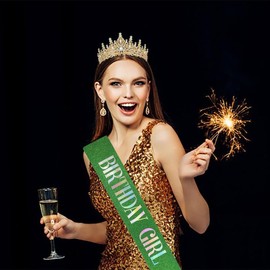 MGJSRNH Birthday Sash for Girl,Green Glitter Satin Multicolour Foil Sash,Women Birthday Party Gift,Queen Princess Party Decorations Supplies