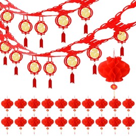 MOUNTCLIM 24 Pcs 3D Chinese New Year Garland Ceiling Decorations Chinese Red Paper Lanterns Good Luck Chinese Spring Festival Hanging Ornaments for 2025 of The Snake Lunar New Year Party Wall Supplies