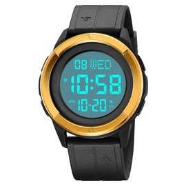 TONSHEN Men's Watch Sports Digital Waterproof Watch LED Electronic Countdown Double Time Alarm Plastic Watches, gold, Strap.