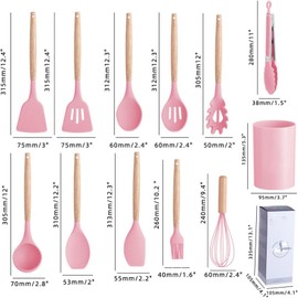 12 Pcs Silicone Cooking Kitchen Utensils Set,Non Stick Silicone Cooking Utensil Set ，Wooden Handle Heat Resistance，Cooking Stirring Tools (Pink)