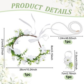 NBEADS 3 Pcs Dog Wedding Collar, Wedding Collar with Pearl Leash Wreath Headband with Wrist Corsage Flower Crown for Pet Engagement Party Outfit