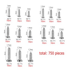 JZK 750pcs Flat Head Self Tapping Screws Assortment Set with Storage Box M1/M1.2/M1.4/M1.5/M1.7 Mini Wood Screw Assortment Set