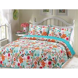 Cozy Line Home Fashions Pink Green Blue Orange Colorful Floral Whimsy 100% Cotton Reversible Girl Quilt Bedding Set, Coverlet, Bedspread (Twin - 2 Piece: 1 Quilt + 1 Standard Sham)