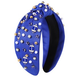 Diadema de fútbol para mujer, accesorios para el día del juego, fútbol y mamá, diadema anudada con diamantes de imitación, diadema ancha con nudo en la parte superior, color blanco, negro, rojo, accesorio para el cabello del día del juego, color azul