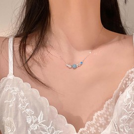 Inilbran Boho Blue Moonstone Choker Necklace Vintage Starfish Shell Necklace Silver Sea Kauri Necklace Adjustable Crystal Starfish Tiny Chain Necklace Jewellery for Women, Zinc, No Gemstone