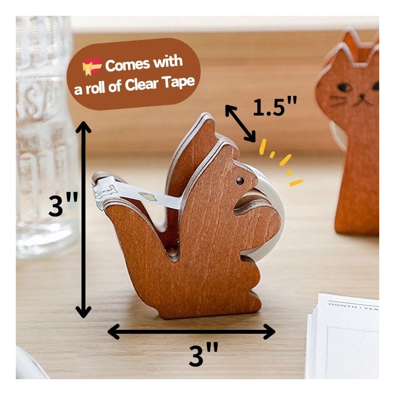 ROLUXENTIA Clear Tape Dispenser - Wooden Squirrel Cute Design for