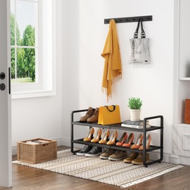 Shoe Rack - Expandable Shoe Organizer for Closet, Adjustable Metal Shoe Shelf Storage, 2 Tier Stackable Long Shoe Stand Holder for Garage, Entryway, Door Entrance, Black