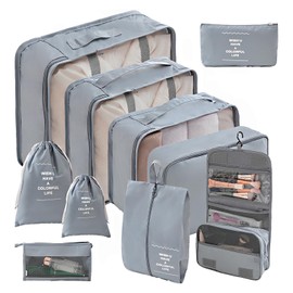 Logei Suitcase Organiser Set, 10-Piece Packing Cubes, Suitcase Organiser, Packing Bags Set, Travel Organiser, Packing Cubes, Organiser System with Clothes Bags, Shoe Bag for Suitcases (Grey)