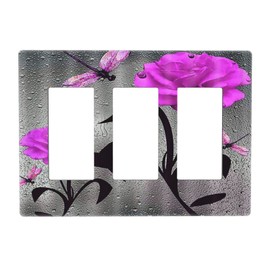 Raindrops Hot Pink Rose Floral Dragonfly 3 Gang Decora Light Switch Cover Triple Rocker Wall Plate Decorative GFCI Faceplate Electrical Outlet Cover Switchplate for Bathroom Home Decor